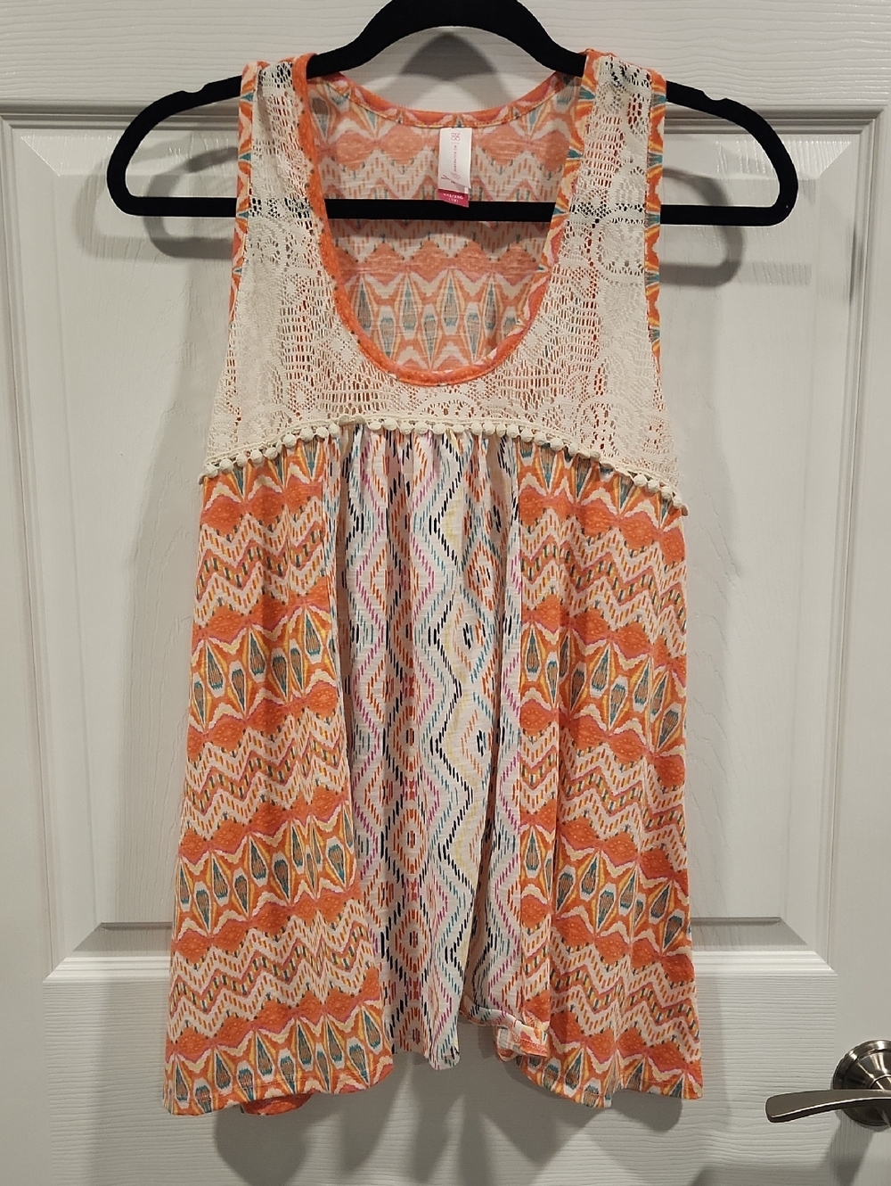No Boundaries Orange and Cream Patterned Tank with Crochet Yoke